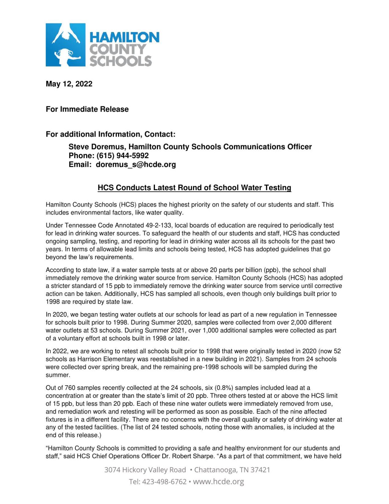 Latest Results of HCS Water Testing