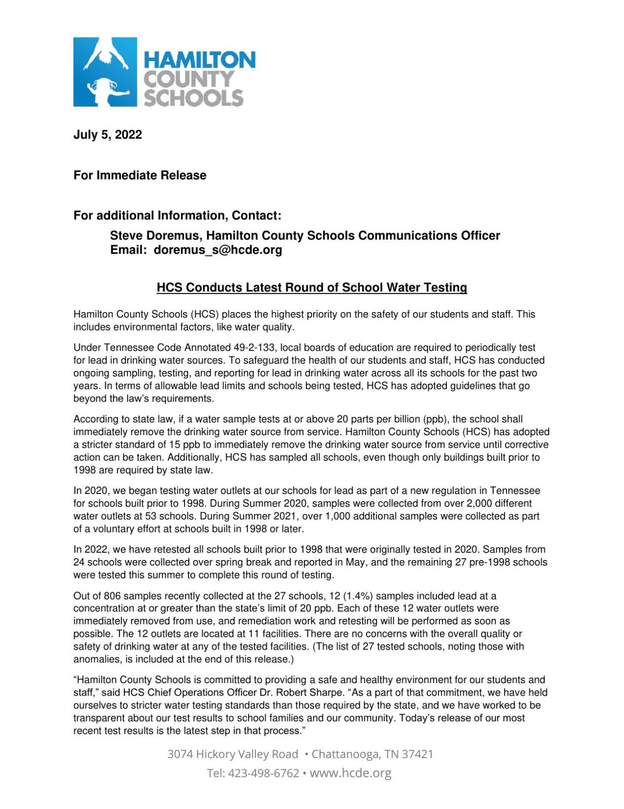 Hamilton County Schools' July 2022 water testing results